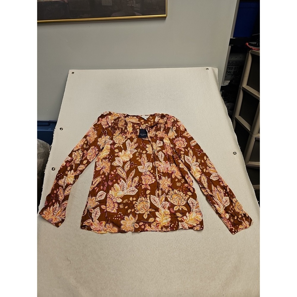 Lucky Brand Women's Front Tie Smocked Floral Size M Long Sleeve Peasant Blouse